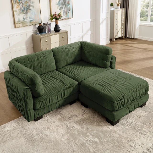 Alt view image 2 of 7 - 2 Seat Ruched Detailing Chenille Modular Sectional Sofa, Movable Ottoman High Density Foam l Shape Thickened Back