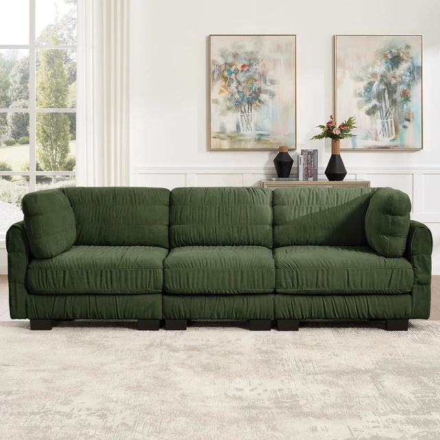 Main image of 3 Seat Ruched Detailing Chenille Modular Sectional Sofa, High Density Foam l Shape Thickened Back Cushions Easy