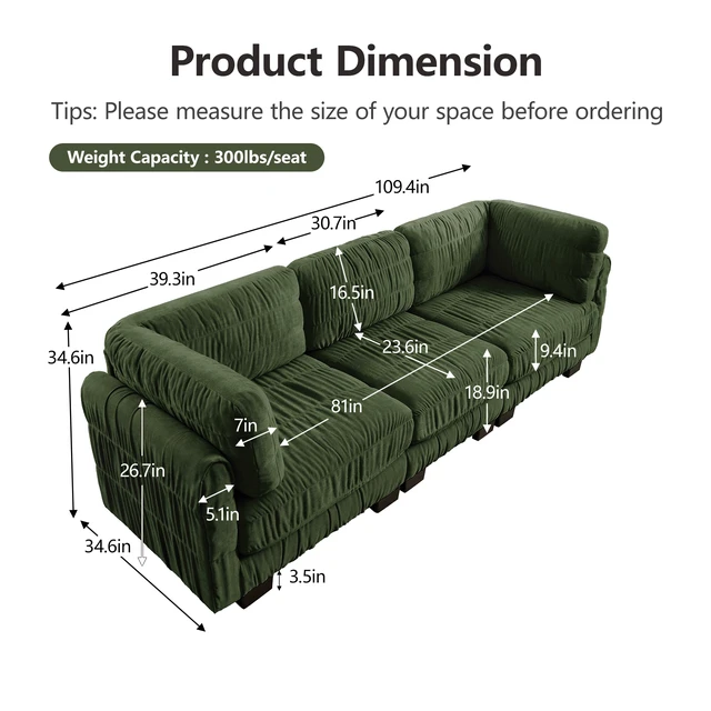 Alt view image 5 of 7 - 3 Seat Ruched Detailing Chenille Modular Sectional Sofa, High Density Foam l Shape Thickened Back Cushions Easy