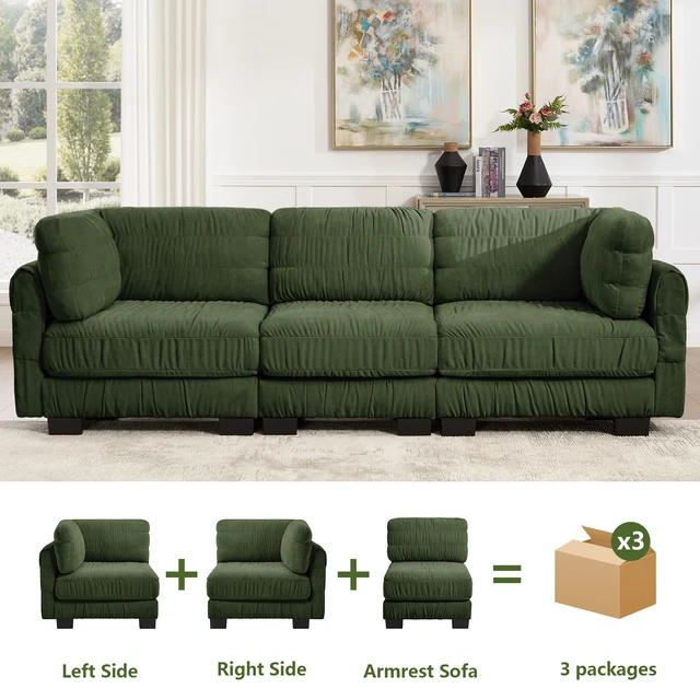Alt view image 4 of 7 - 3 Seat Ruched Detailing Chenille Modular Sectional Sofa, High Density Foam l Shape Thickened Back Cushions Easy