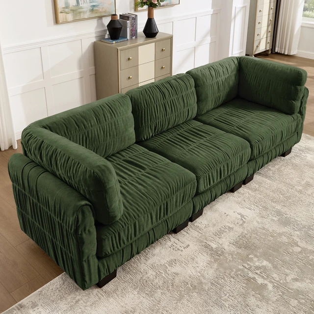 Alt view image 3 of 7 - 3 Seat Ruched Detailing Chenille Modular Sectional Sofa, High Density Foam l Shape Thickened Back Cushions Easy