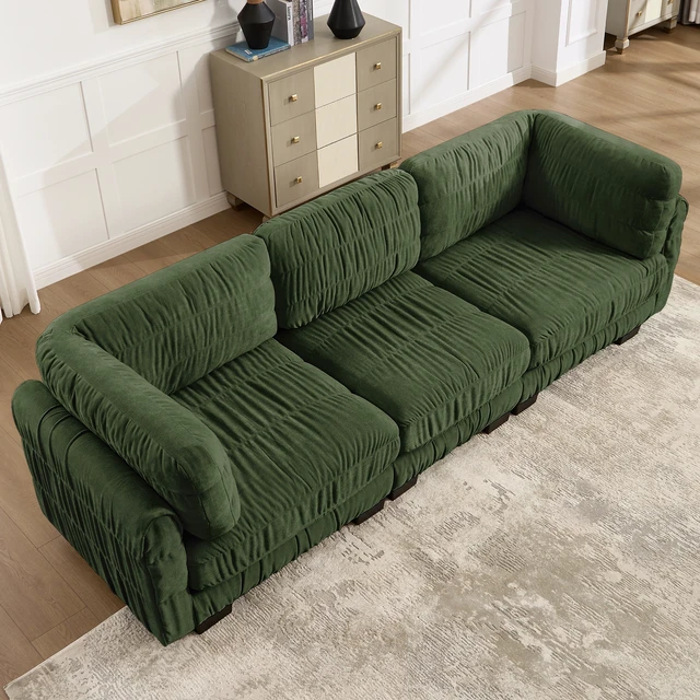 Alt view image 2 of 7 - 3 Seat Ruched Detailing Chenille Modular Sectional Sofa, High Density Foam l Shape Thickened Back Cushions Easy
