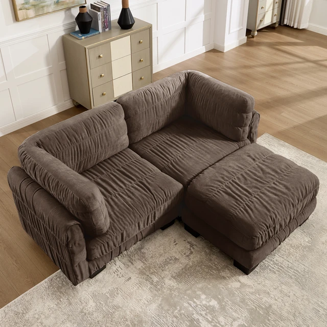 Alt view image 2 of 7 - 2 Seat Ruched Detailing Chenille Modular Sectional Sofa, Movable Ottoman High Density Foam l Shape Thickened Back