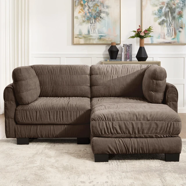 Main image of 2 Seat Ruched Detailing Chenille Modular Sectional Sofa, Movable Ottoman High Density Foam l Shape Thickened Back