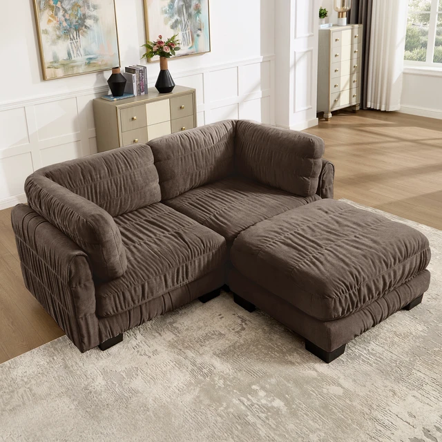 Alt view image 3 of 7 - 2 Seat Ruched Detailing Chenille Modular Sectional Sofa, Movable Ottoman High Density Foam l Shape Thickened Back