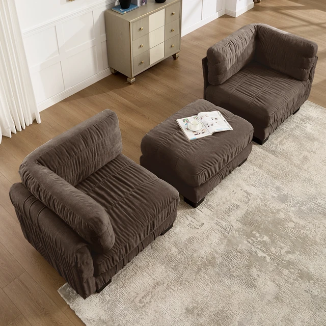 Alt view image 4 of 7 - 2 Seat Ruched Detailing Chenille Modular Sectional Sofa, Movable Ottoman High Density Foam l Shape Thickened Back