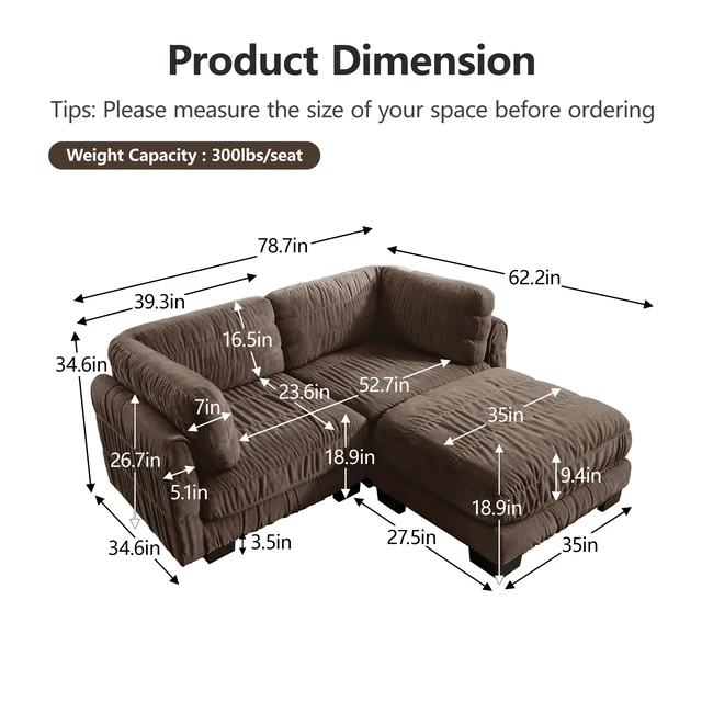 Alt view image 6 of 7 - 2 Seat Ruched Detailing Chenille Modular Sectional Sofa, Movable Ottoman High Density Foam l Shape Thickened Back