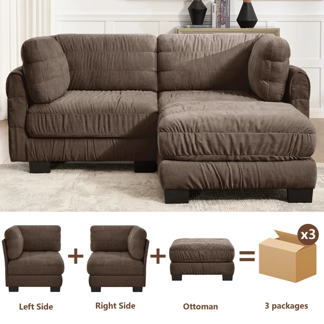 Alt view image 5 of 7 - 2 Seat Ruched Detailing Chenille Modular Sectional Sofa, Movable Ottoman High Density Foam l Shape Thickened Back