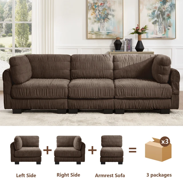 Alt view image 4 of 7 - 3 Seat Ruched Detailing Chenille Modular Sectional Sofa, High Density Foam l Shape Thickened Back Cushions Easy