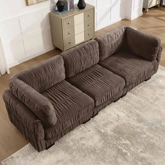 Alt view image 3 of 7 - 3 Seat Ruched Detailing Chenille Modular Sectional Sofa, High Density Foam l Shape Thickened Back Cushions Easy