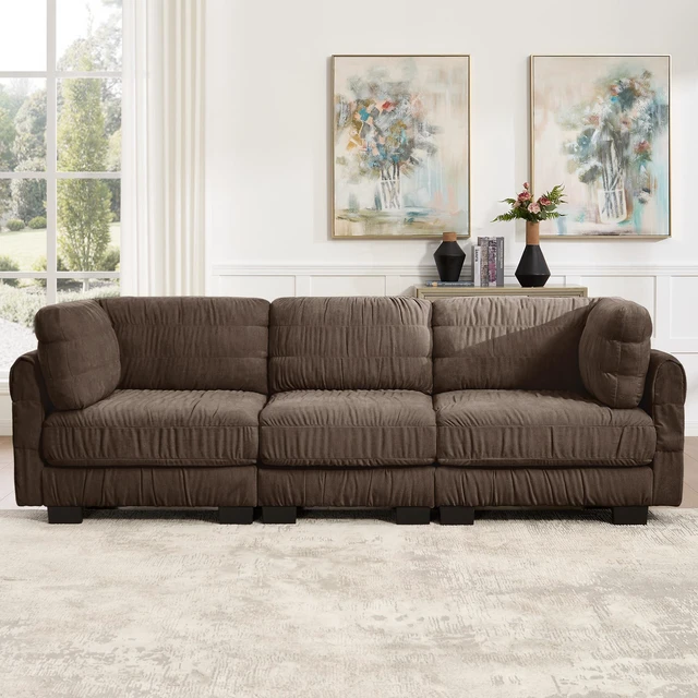 Main image of 3 Seat Ruched Detailing Chenille Modular Sectional Sofa, High Density Foam l Shape Thickened Back Cushions Easy