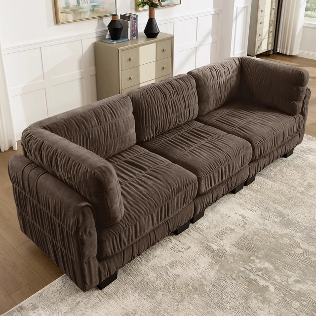 Alt view image 2 of 7 - 3 Seat Ruched Detailing Chenille Modular Sectional Sofa, High Density Foam l Shape Thickened Back Cushions Easy