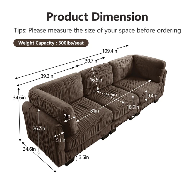 Alt view image 5 of 7 - 3 Seat Ruched Detailing Chenille Modular Sectional Sofa, High Density Foam l Shape Thickened Back Cushions Easy