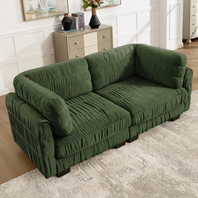 Alt view image 2 of 7 - Ruched Detailing Chenille Loveseat Modular Sectional Sofa, High Density Foam l Shape Thickened Back Cushions Easy
