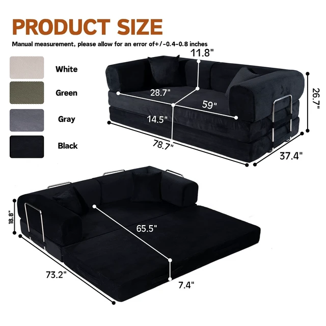 Alt view image 3 of 7 - Convertible Sofa Bed, Folding Floor Couch Corduroy Fold Out Couch Bed Futon Sleeper Mattress with Pillows Sofa