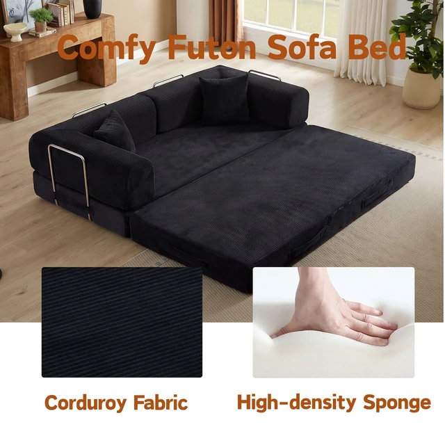 Alt view image 4 of 7 - Convertible Sofa Bed, Folding Floor Couch Corduroy Fold Out Couch Bed Futon Sleeper Mattress with Pillows Sofa