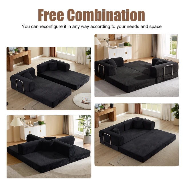 Alt view image 2 of 7 - Convertible Sofa Bed, Folding Floor Couch Corduroy Fold Out Couch Bed Futon Sleeper Mattress with Pillows Sofa