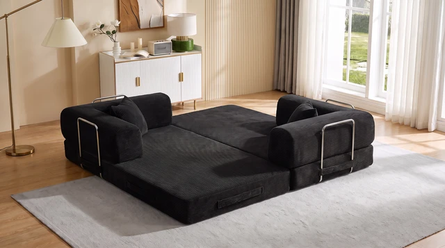 Alt view image 5 of 7 - Convertible Sofa Bed, Folding Floor Couch Corduroy Fold Out Couch Bed Futon Sleeper Mattress with Pillows Sofa