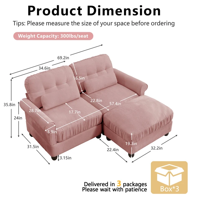 Alt view image 4 of 7 - Chenille Seater Loveseat Sectional Sofa with One Ottoman, Ruffled Edge Seat Cushion Rolled Arms and Lumbar Pillows