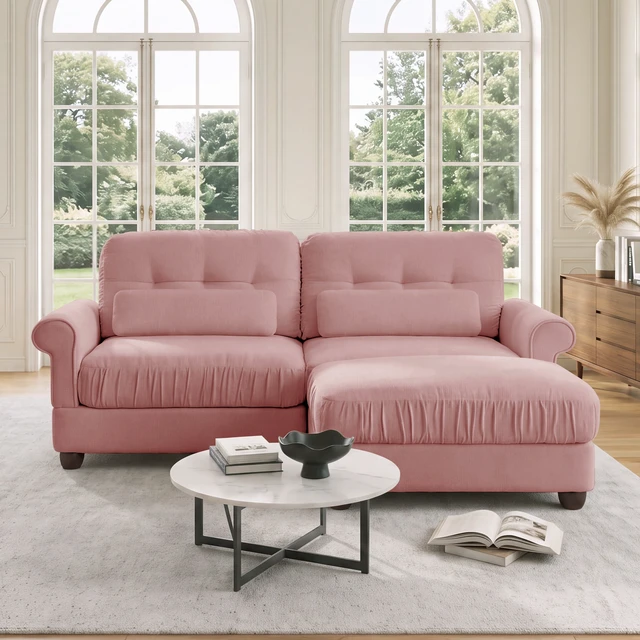 Alt view image 2 of 7 - Chenille Seater Loveseat Sectional Sofa with One Ottoman, Ruffled Edge Seat Cushion Rolled Arms and Lumbar Pillows
