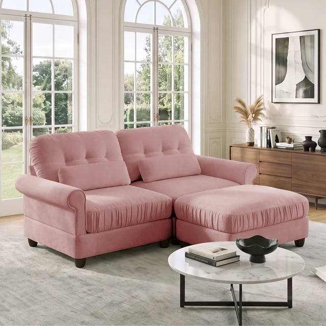 Alt view image 3 of 7 - Chenille Seater Loveseat Sectional Sofa with One Ottoman, Ruffled Edge Seat Cushion Rolled Arms and Lumbar Pillows