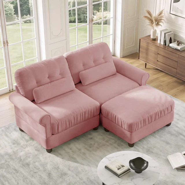 Main image of Chenille Seater Loveseat Sectional Sofa with One Ottoman, Ruffled Edge Seat Cushion Rolled Arms and Lumbar Pillows
