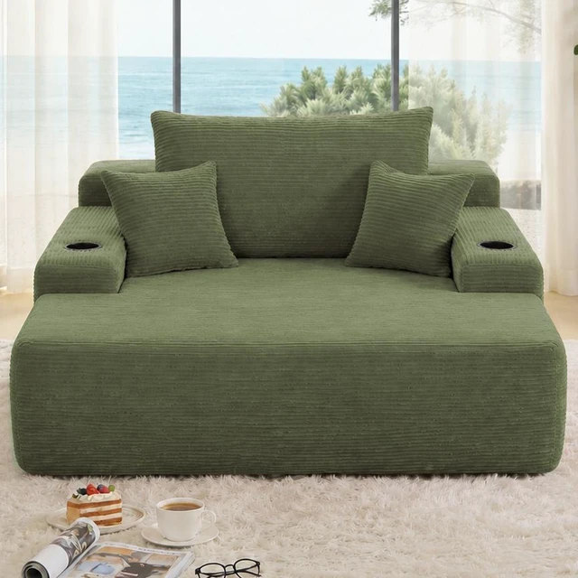 Alt view image 2 of 6 - Convertible Chaise Lounge Chair with Wide Armrest and Throw Pillows, Sleeper Sofa Bed Armchair with Cup Holder