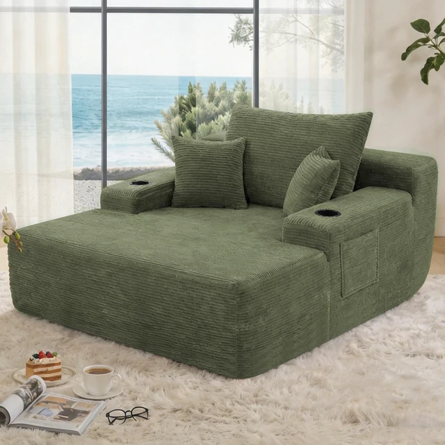 Alt view image 3 of 6 - Convertible Chaise Lounge Chair with Wide Armrest and Throw Pillows, Sleeper Sofa Bed Armchair with Cup Holder