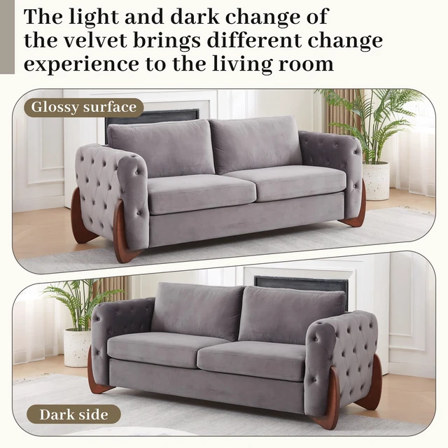 Alt view image 2 of 7 - 84 Inch Velvet Sofa with Button Tufted Detailing Features Curved Wooden Legs, Curved Armrests Two Back Cushions and Two