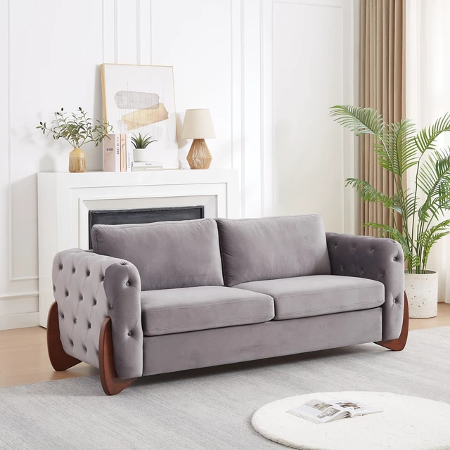 Main image of 84 Inch Velvet Sofa with Button Tufted Detailing Features Curved Wooden Legs, Curved Armrests Two Back Cushions and Two