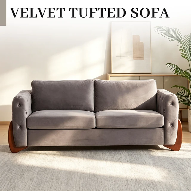 Alt view image 6 of 7 - 84 Inch Velvet Sofa with Button Tufted Detailing Features Curved Wooden Legs, Curved Armrests Two Back Cushions and Two