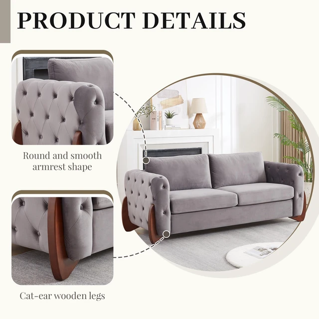 Alt view image 3 of 7 - 84 Inch Velvet Sofa with Button Tufted Detailing Features Curved Wooden Legs, Curved Armrests Two Back Cushions and Two