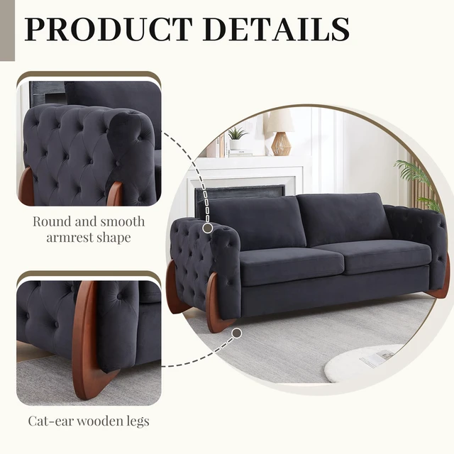 Alt view image 2 of 7 - 84 Inch Velvet Sofa with Button Tufted Detailing Features Curved Wooden Legs, Curved Armrests Two Back Cushions and Two