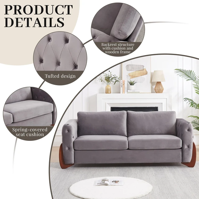 Alt view image 4 of 7 - 84 Inch Velvet Sofa with Button Tufted Detailing Features Curved Wooden Legs, Curved Armrests Two Back Cushions and Two