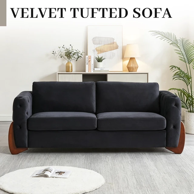 Alt view image 3 of 7 - 84 Inch Velvet Sofa with Button Tufted Detailing Features Curved Wooden Legs, Curved Armrests Two Back Cushions and Two