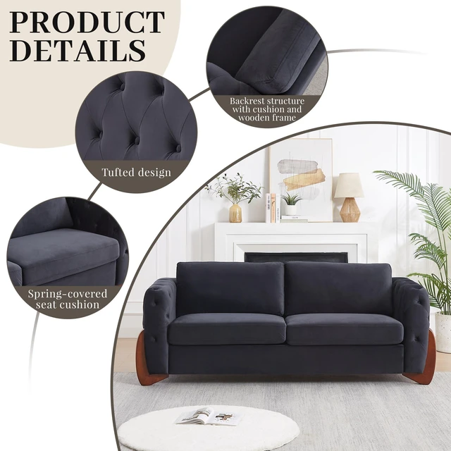 Alt view image 5 of 7 - 84 Inch Velvet Sofa with Button Tufted Detailing Features Curved Wooden Legs, Curved Armrests Two Back Cushions and Two