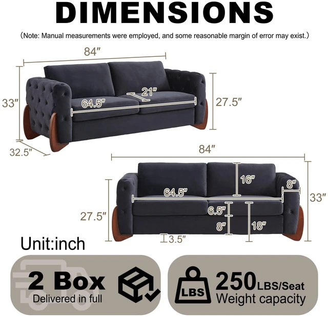 Alt view image 4 of 7 - 84 Inch Velvet Sofa with Button Tufted Detailing Features Curved Wooden Legs, Curved Armrests Two Back Cushions and Two