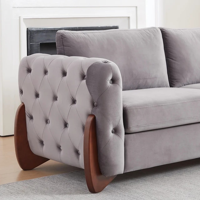 Alt view image 7 of 7 - 84 Inch Velvet Sofa with Button Tufted Detailing Features Curved Wooden Legs, Curved Armrests Two Back Cushions and Two