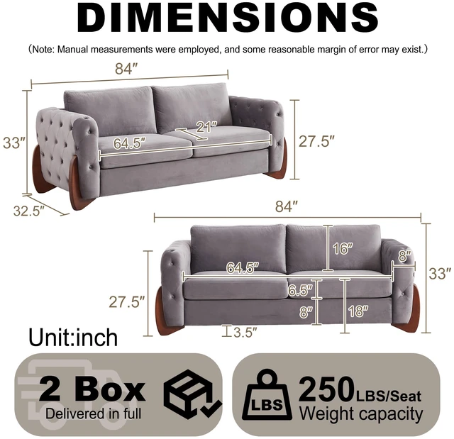 Alt view image 5 of 7 - 84 Inch Velvet Sofa with Button Tufted Detailing Features Curved Wooden Legs, Curved Armrests Two Back Cushions and Two