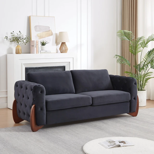 Main image of 84 Inch Velvet Sofa with Button Tufted Detailing Features Curved Wooden Legs, Curved Armrests Two Back Cushions and Two
