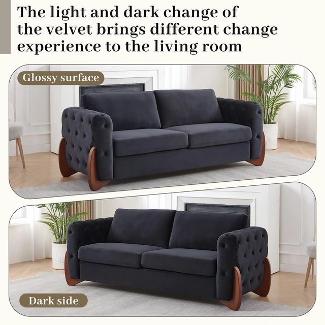 Alt view image 6 of 7 - 84 Inch Velvet Sofa with Button Tufted Detailing Features Curved Wooden Legs, Curved Armrests Two Back Cushions and Two