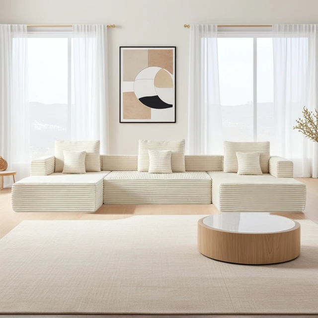 Alt view image 2 of 7 - Freely Configurable U-Shaped Modular Sofa, 137 Inch Extra Large Foam Sofa with Removable Armrests, Beige, Corduroy
