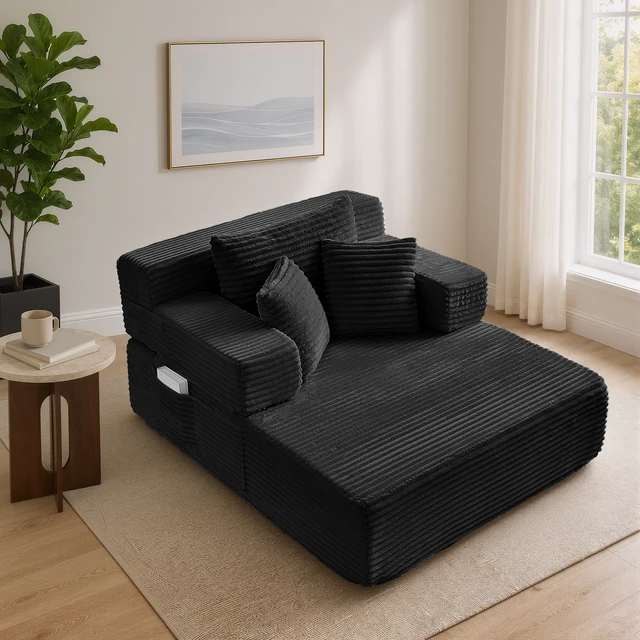Alt view image 4 of 7 - Chaise Lounge Chair, 2 in Chaise Lounge Indoor Upholstered Sleeper Chair Converts Bed Corduroy Reading Deep Seat Cloud