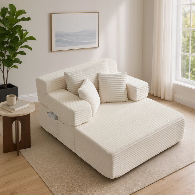 Alt view image 3 of 7 - Chaise Lounge Chair, 2 in Chaise Lounge Indoor Upholstered Sleeper Chair Converts Bed Corduroy Reading Deep Seat Cloud