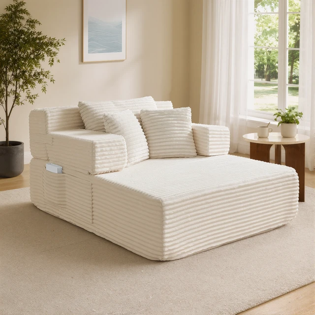 Alt view image 2 of 7 - Chaise Lounge Chair, 2 in Chaise Lounge Indoor Upholstered Sleeper Chair Converts Bed Corduroy Reading Deep Seat Cloud