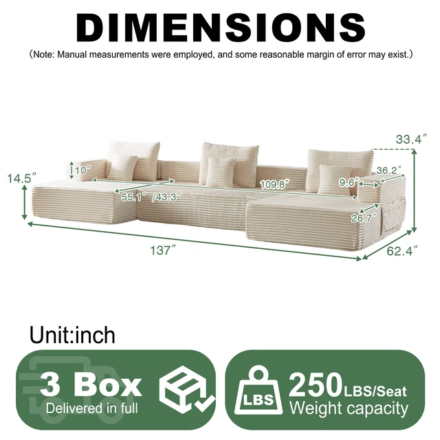 Alt view image 4 of 7 - Freely Configurable U-Shaped Modular Sofa, 137 Inch Extra Large Foam Sofa with Removable Armrests, Beige, Corduroy