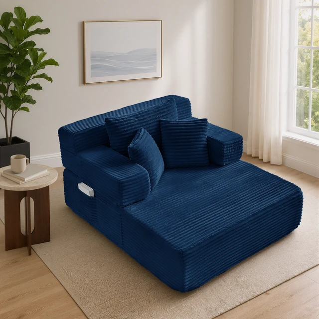 Alt view image 3 of 7 - Chaise Lounge Chair, 2 in Chaise Lounge Indoor Upholstered Sleeper Chair Converts Bed Corduroy Reading Deep Seat Cloud