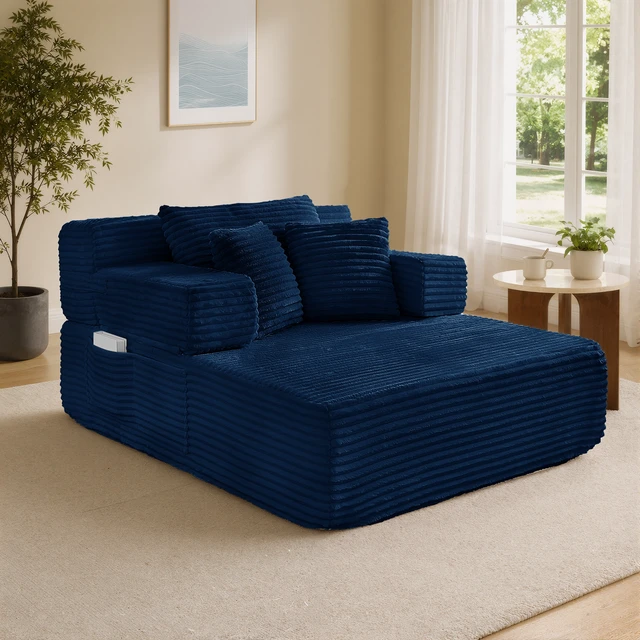 Alt view image 2 of 7 - Chaise Lounge Chair, 2 in Chaise Lounge Indoor Upholstered Sleeper Chair Converts Bed Corduroy Reading Deep Seat Cloud