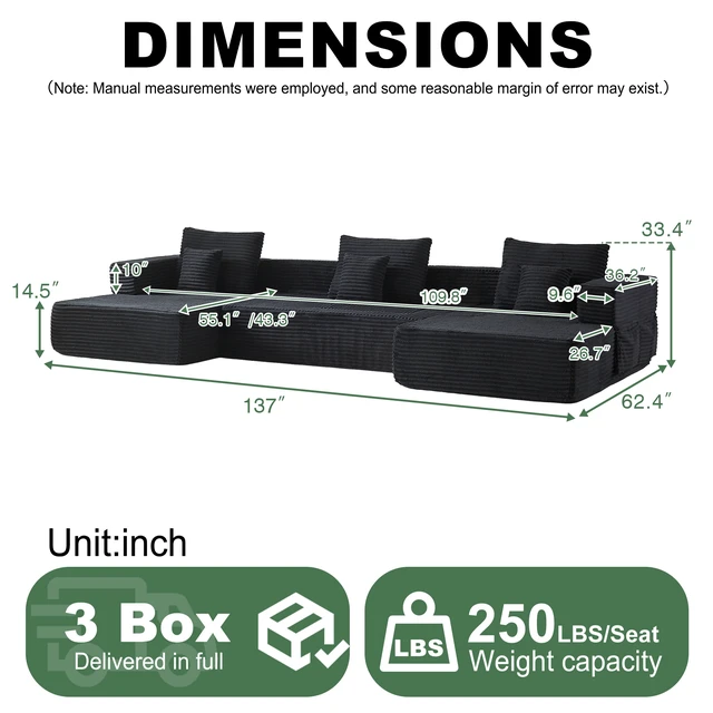Alt view image 2 of 7 - Freely Configurable U-Shaped Modular Sofa, 137 Inch Extra Large Foam Sofa with Removable Armrests, Black, Corduroy