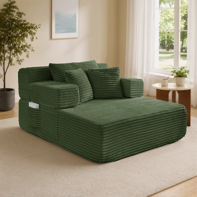 Alt view image 2 of 7 - Chaise Lounge Chair, 2 in Chaise Lounge Indoor Upholstered Sleeper Chair Converts Bed Corduroy Reading Deep Seat Cloud